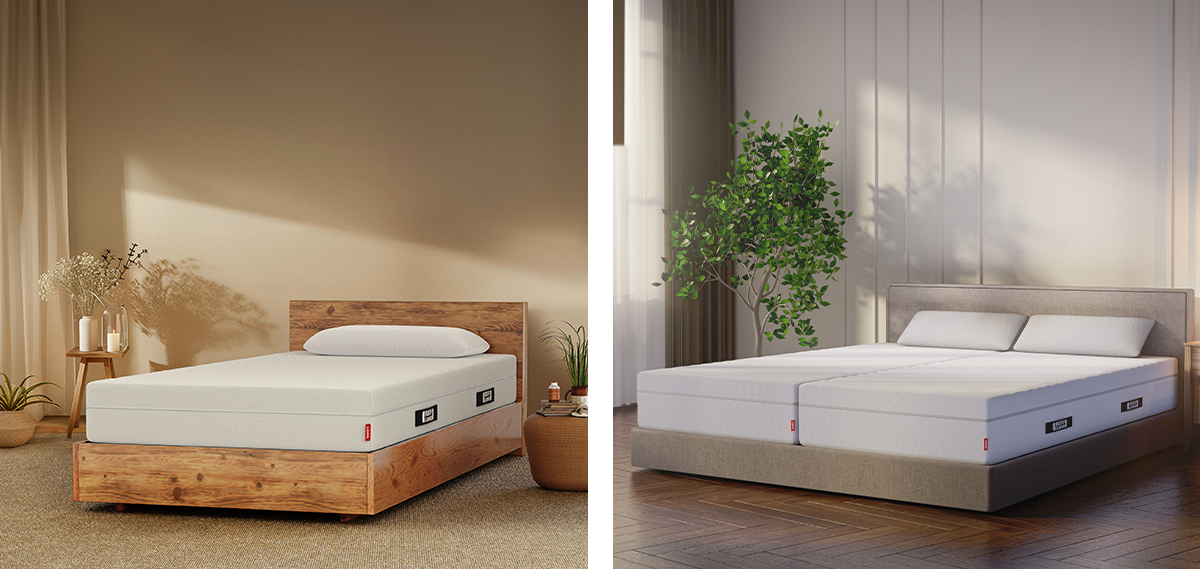 Two-part picture. On the left, a BODYGUARD mattress in a single bed. On the right, two BODYGUARD mattresses next to each other in a double bed.